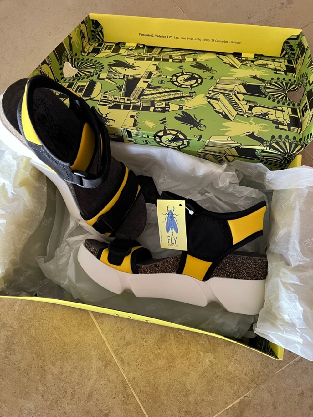 Fly London Black and Yellow Platform Sandals